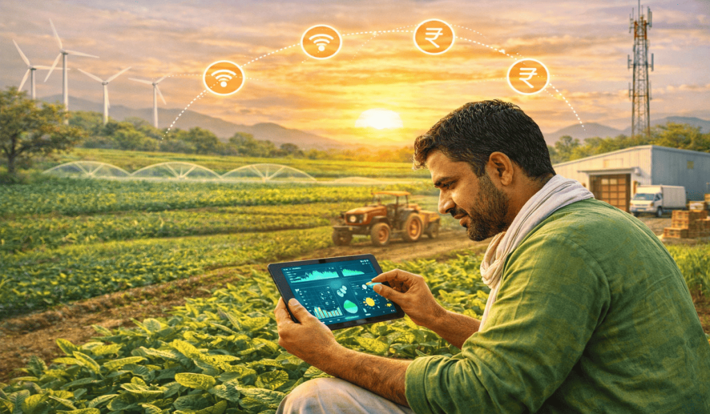“Farmers with harvest and tablet in field, symbolizing technology and empowerment in Indian agriculture.”