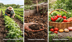 "Organic farming visuals with farmer working in field, soil preparation, and fresh vegetables highlighting natural methods and benefits"