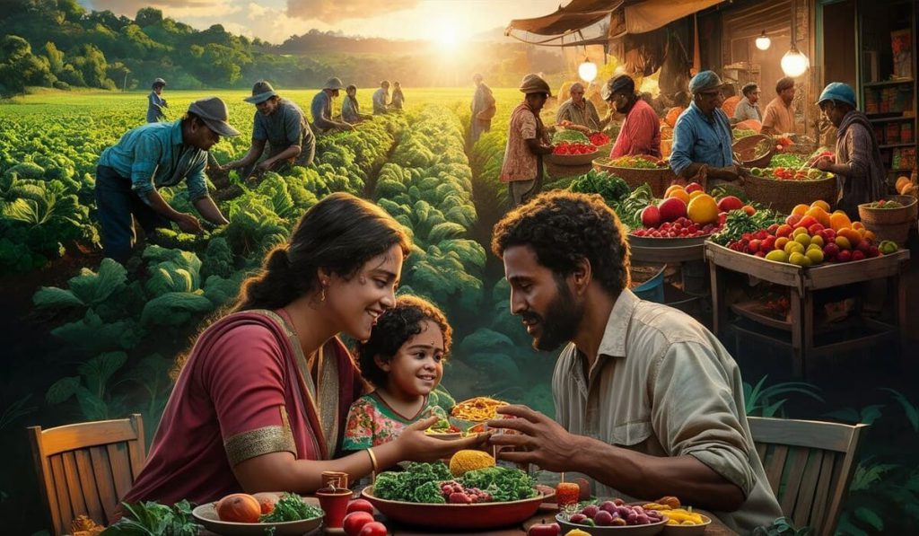 "People enjoying fresh food together at a communal table, representing trust and connection between farmers and consumers"