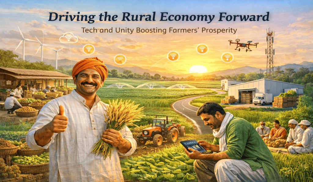 “Indian farmers using modern technology in agriculture, highlighting rural development and empowerment.”