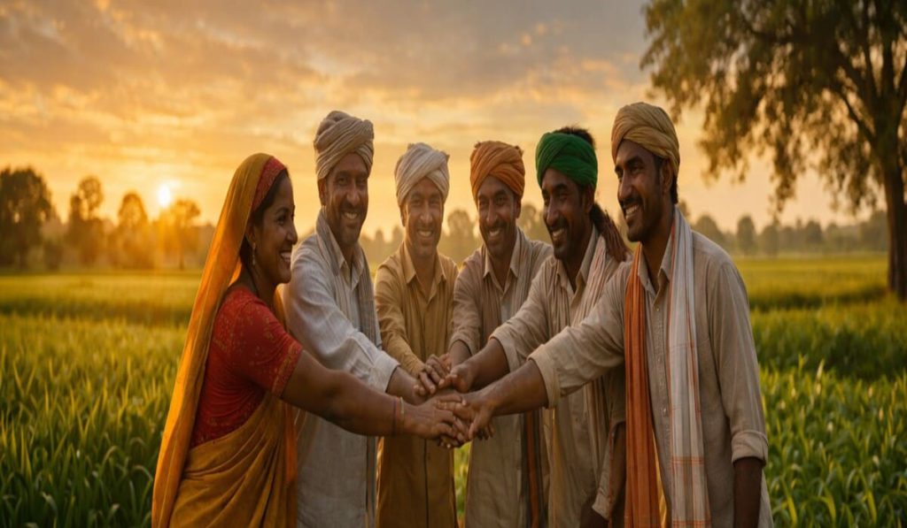 "Group of farmers standing together in a field, smiling and showing unity for collective growth and prosperity"