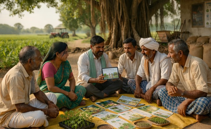 "किसान पेड़ के नीचे बैठकर चर्चा करते हुए, सामुदायिक सहयोग और साझा खेती की प्रथाओं को दर्शाते हुए"