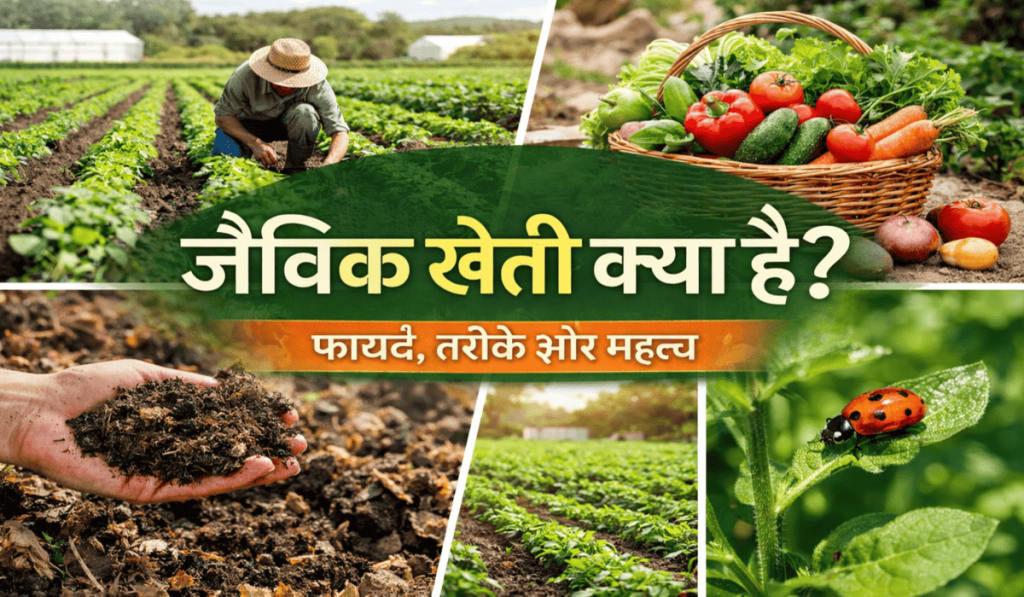 "जैविक खेती में किसान, मिट्टी और ताज़ी सब्ज़ियाँ, प्राकृतिक खेती के फायदे दर्शाते हुए"